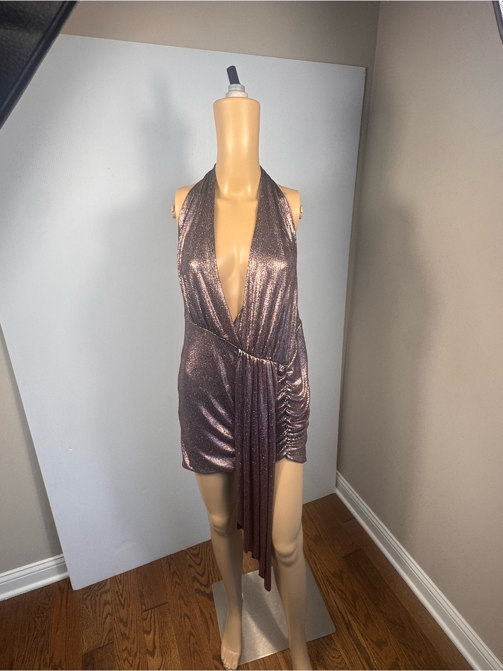 NWT Metallic Pink/Purple Halter Mini Dress – Open Back Party Dress ✨ - Picture 3 of 6